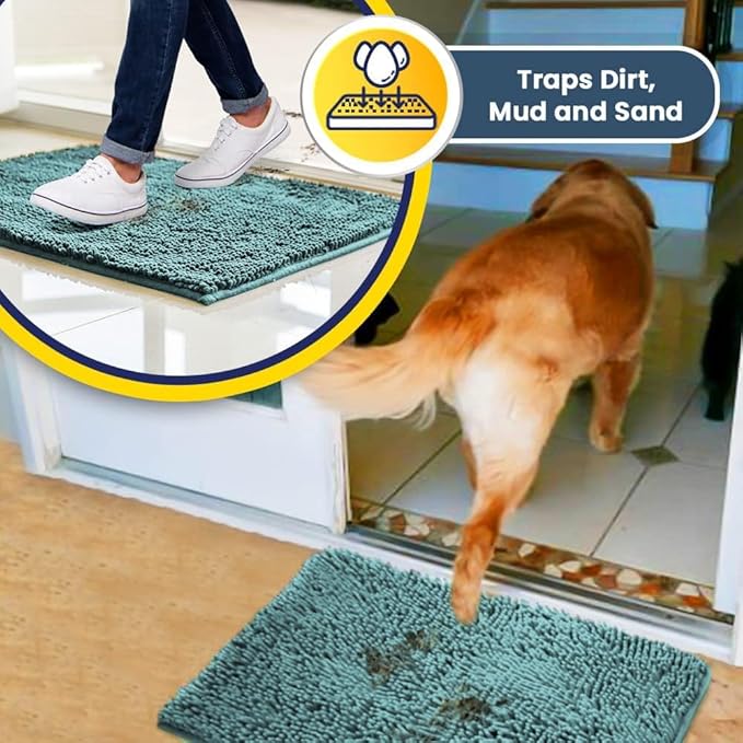 Muddy Mat® | Super Water Absorbent Door Mat Indoor, Microfiber Quick Dry Chenille Entryway Rug, Slip Resistant Front Door Mat, Indoor Mats for Entryway, Machine Washable Pet Rug, Sea Green 32" x 40"