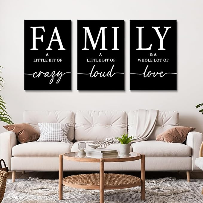 GUBIYU Black Home Dining Room Wall Art Set of 3 Family Sign Prints Canvas