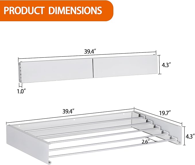 FOCHIER F Laundry Drying Rack Wall Mounted Clothes Drying Rack Collapsible with 4 Aluminum Rods and Drilling Template Long Screwdriver Bit 60 lbs Capacity (White, 40")