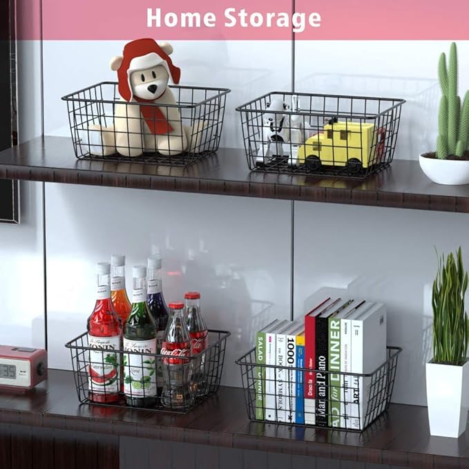 Kitchen Wire Baskets Farmhouse Decor Metal Food Storage Organizer, Household Refrigerator Bin with Built-in Handles for Cabinets,Pantry Set of 4 (Black)