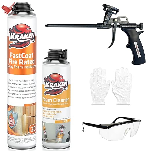 Kraken Bond Fastcoat Fire Rated Spray Foam Insulation Kit Closed Cell in a Can 20 sq ft (1x27.1 oz.) (R-Value 11.32 / 2in) - Spray Foam for Garage Door, Attic, Wall Gun & Cleaner Included, 1 Pack