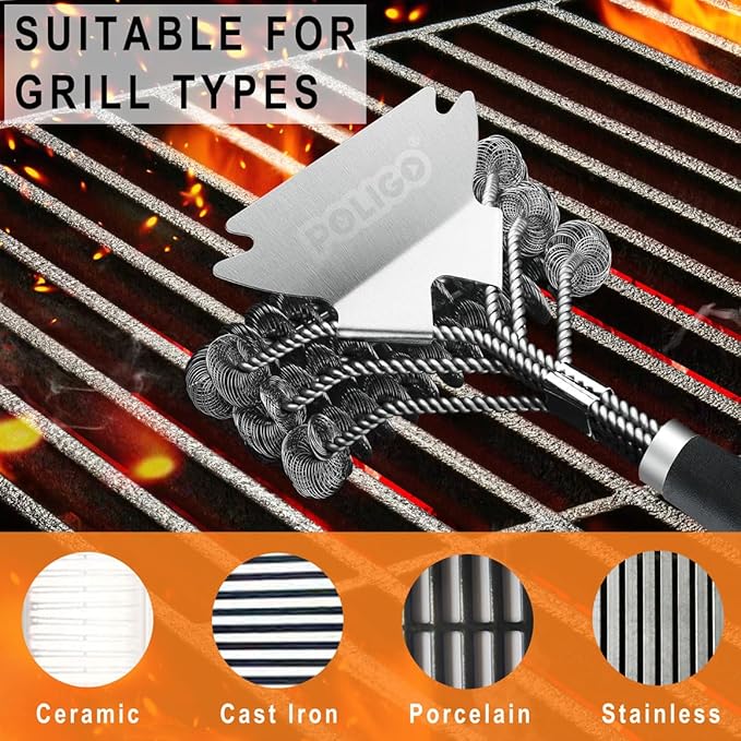 POLIGO 7PCS Golf-Club Style BBQ Grill Tools Kit with Rubber Handle Bundle with 18" Safe Grill Brush And Scraper Bristle Free for All Grills - Premium BBQ Set Ideal Christmas Birthday Gifts for Men Dad
