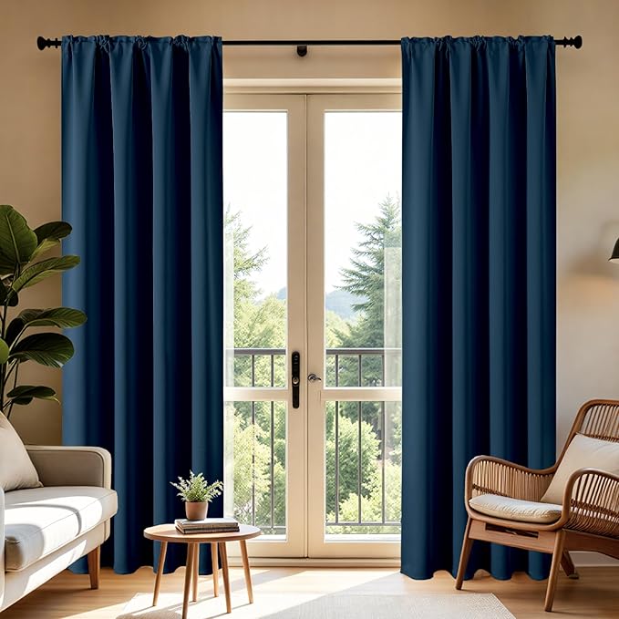 CUCRAF Navy Blue Blackout Curtains 63 inch Length 2 Panels Set, Rod Pocket Room