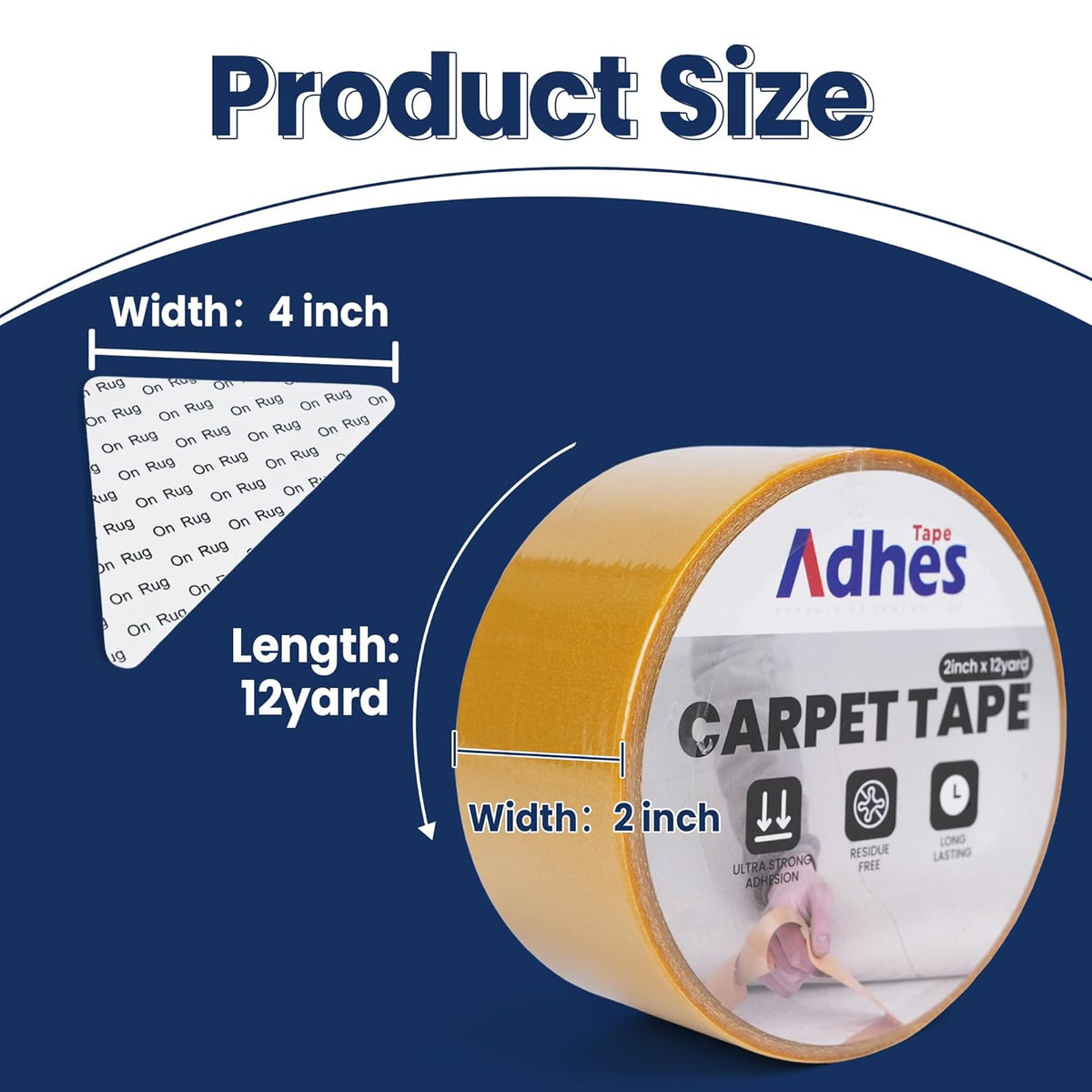 Adhes Double-Sided Carpet Tape, 2 Inch x 12 Yard Rug Tape with 8 Anti-Skid Pads, Heavy Duty Carpet Grip Tape for Hardwood Floors, Area Rugs, and Tile