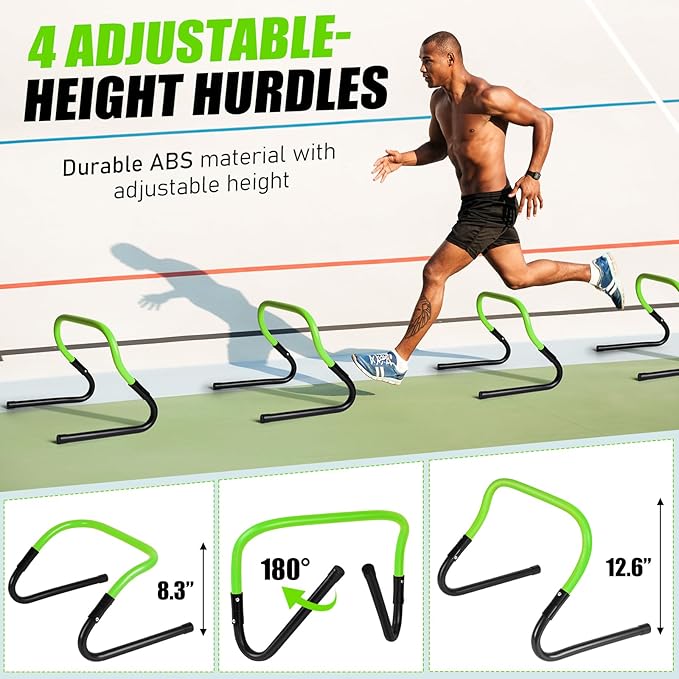 Soccer Training Equipment, Agility Speed Training Set with 20ft Speed Ladder, 12 Cones, 4 Adjustable Hurdles, Jump Rope, Parachute | Ideal for Basketball, Football Practise, for Kids, Youth, Adults