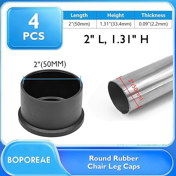 4 Pcs 2" Round Rubber Chair Leg Caps, PVC Table Leg Covers, Flexible & Anti-Slip Furniture Leg End Caps, Chair Leg Floor Protectors for Bar Stool Leg Patio Indoor, Black