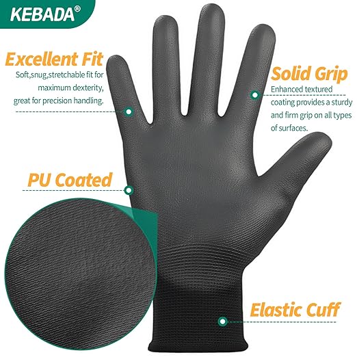 Kebada W1 Safety Work Gloves, PU Coated Touch Screen Work Gloves with Grip, Bulk Pack Working Gloves for Warehouse, Construction, Gardening and Mechanic Use, Black, 50 Pairs, Large