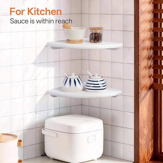 Gieanoo Floating Corner Shelves Set 2 12inch White Solid Oak Rounded Corner