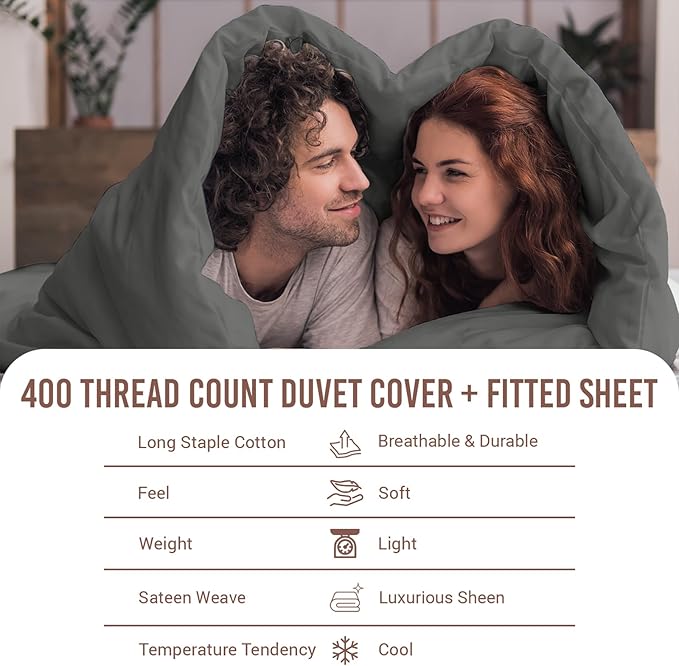 Pizuna 100% Cotton King 3 Pc Duvet Cover + 1 Pc Fitted Sheet Set 400 Thread Count Dark Grey Sateen Weave Luxurious Long Staple Cotton 4 Piece Bedding Set -1 Duvet Cover, 2 Pillow Shams, 1 Fitted Sheet