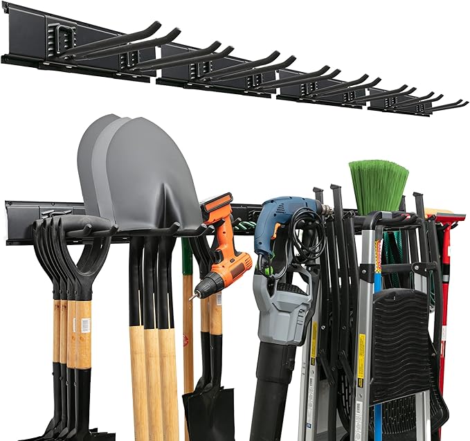 TIDYME Garage Tool Organizer Wall Mount - 64 inches - Sturdy Storage Rack with Adjustable Hooks, Anti-Rust - Easy Installation, 400lbs Capacity - Garden Tool Organizer (04 Racks & 08 Hooks)