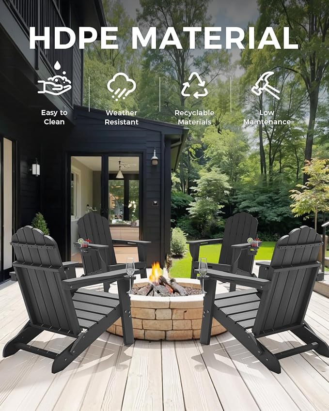 Adirondack Chairs Set of 4, Foldable Adirondack Chairs with 2 Cup Holder, Wood Texture HDPE Fire Pit Chairs, Outdoor Lawn Chair for Patio Garden, Dark Grey