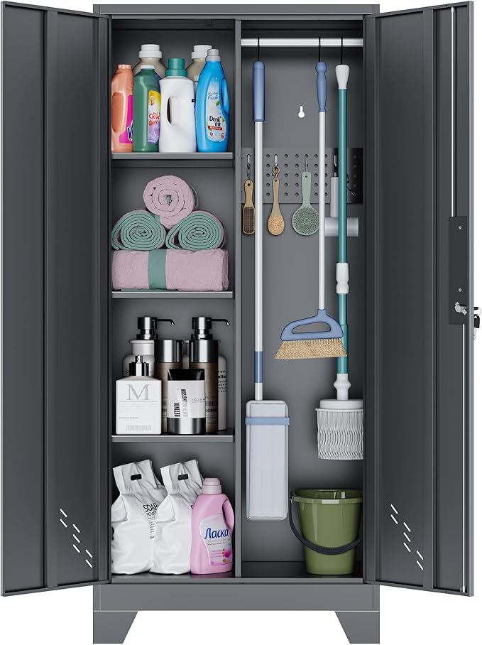 Metal Storage Cabinet with Locking Doors, 61" Tall Garage with Hanging Rod, Broom Closet, Freestanding Bathroom Storage Cabinet, Cleaning Tool,Black