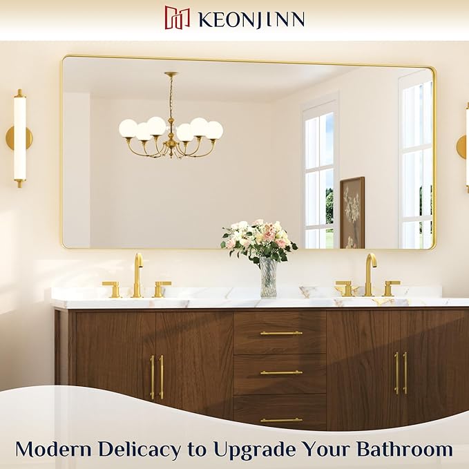 Keonjinn Brushed Gold Bathroom Mirror 72” x 36” Large Gold Bathroom Vanity