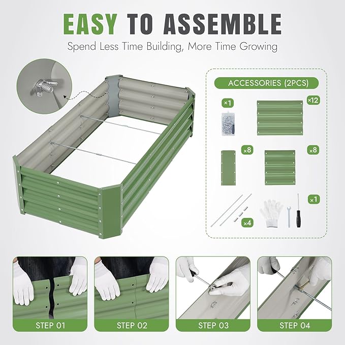 INNO STAGE 2 Pcs 4×2×1ft Galvanized Raised Garden Bed Kit, Galvanized Planter Raised Garden Boxes Outdoor, Large Metal Raised Garden Beds for Vegetables, Flowers, Herbs, and Succulents, Olive Green