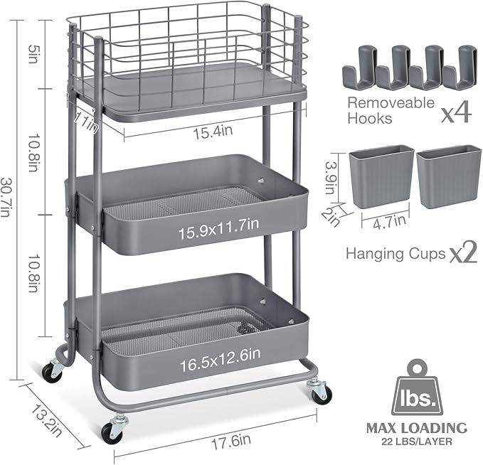 KINGRACK 3 Tier Metal Rolling Cart, Kitchen Organizers and Storage, Slim Storage Cart on Wheels, Laundry Room Organization, Diaper Cart Shelving Unit for Bathroom, Office, Bedroom, Grey