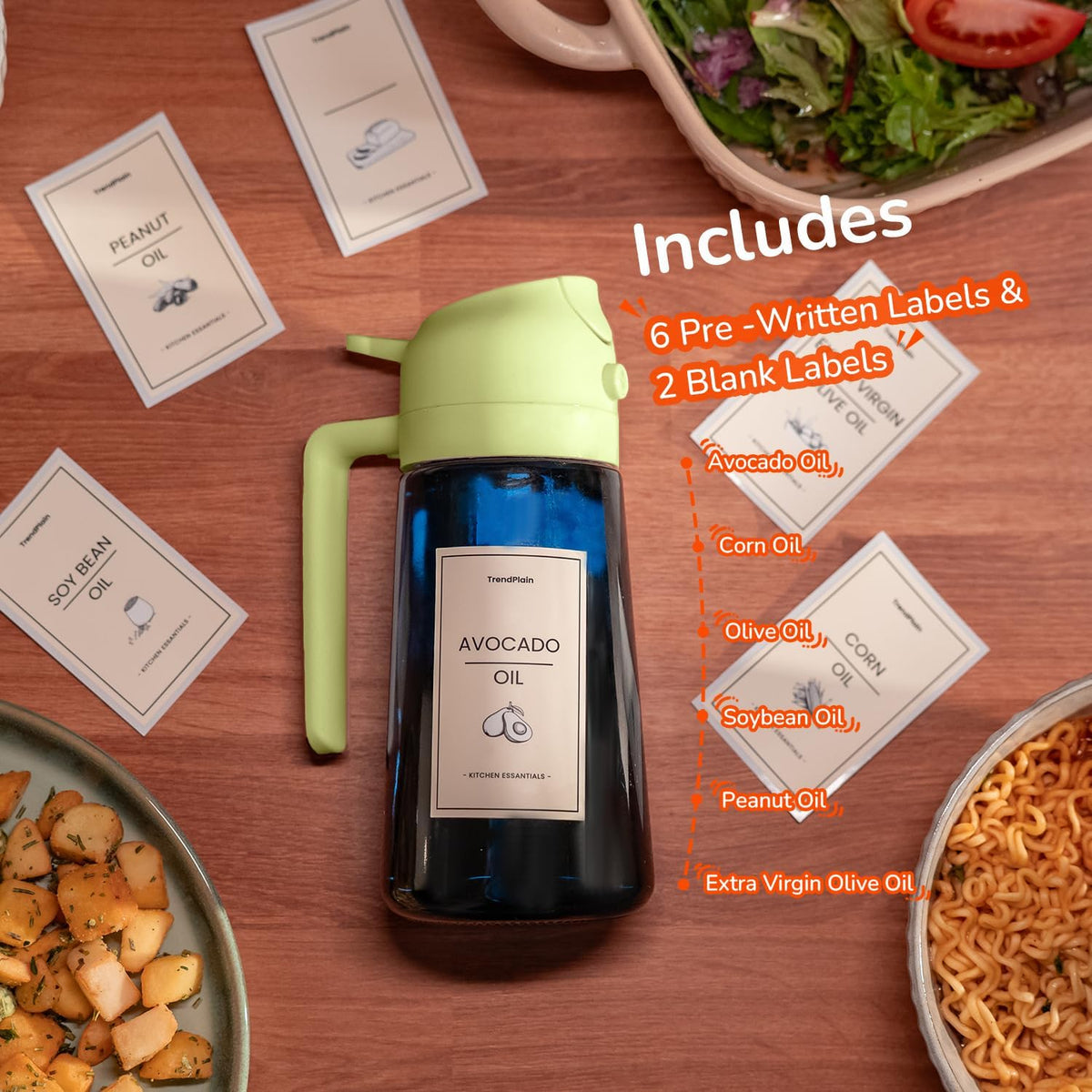 TrendPlain 16oz/470ml Blue Glass Olive Oil Sprayer for Cooking - 2 in 1 Olive Oil Dispenser for Kitchen Gadgets, Air Fryer, Salad, and BBQ - Green