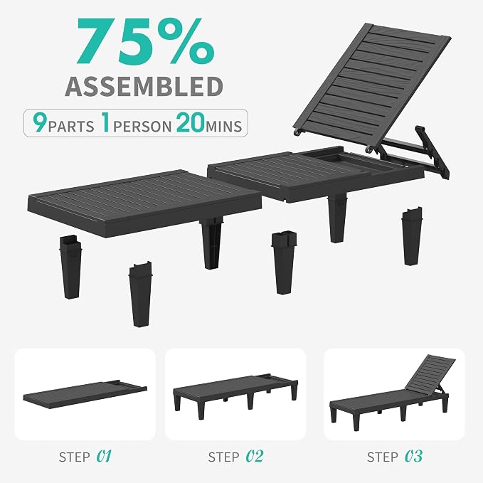 Outdoor Lounge Chair Set of 2, 5-Positions Adjustable Patio Chaise Lounges, Waterproof Tanning Chairs for Poolside, Backyard, Scratch-Resistant & Easy to Clean (Black Striped, Set of 2)