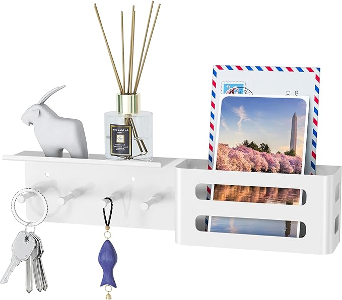 MKO Key Holder for Wall, 12.2In Mail Organizer Holder with Shelf, Metal Key Rack Adhesive Wall Mount, White