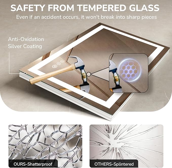 USHOWER LED Bathroom Mirror 40x32 Inch Tempered Glass