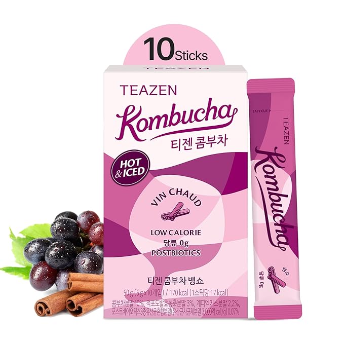 TEAZEN Mulled Wine Kombucha Tea, Spice Tea, Live Probiotics & Postbiotics, Relaxation and Warmth for Colds and Sore Throat, Electrolyte & Hydration Drink Mix, Sugar Free, 10 Sticks, 1.76oz