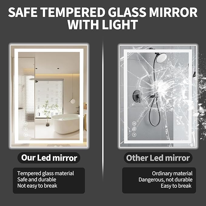 Koonmi 28"x20" LED Mirror for Bathroom, 90CRI Anti-Fog Vanity Mirror