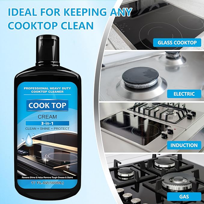 Cooktop and Stove Top Cleaner Kit, Glass Cooktop Cleaner Combo Kit with Razor, Scraper, Scrubbing Pad Removes Tough Stains, Stovetop Cleaner for Glass and Ceramic Surfaces,17OZ