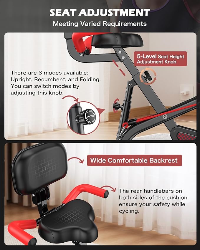 pooboo Folding Exercise Bike, Foldable Upright Stationary Bike, Indoor Cycling Magnetic X-Bike with 8-Level Adjustable Resistance, 6.6 LBS Flywheel, 300LB Capacity, Bottle Holder & Back Support Cushion for Home Gym