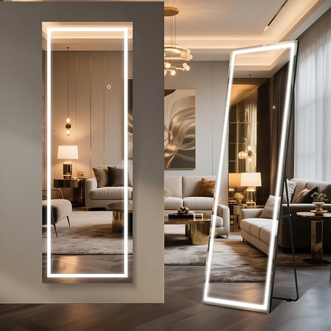 Kosmonia 67x24 Frameless Full Length Mirror, Dimmable 3 Color LED Light