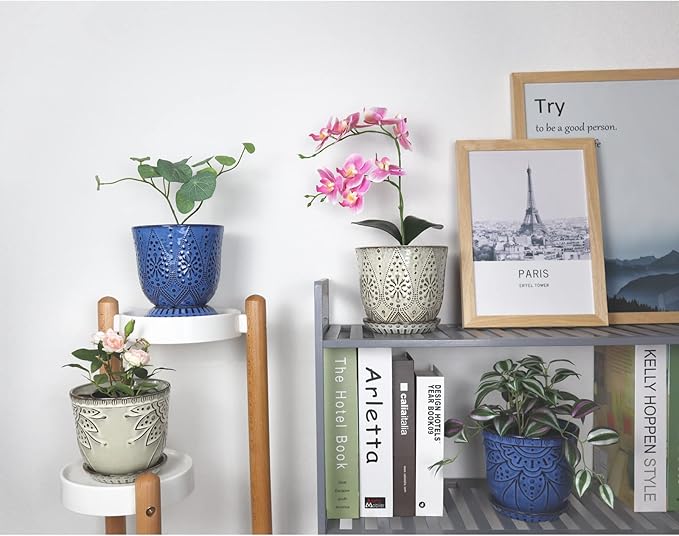Gepege 6 Inch Beaded Ceramic Planter Set of 2 with Drainage Hole and Saucer for Plants, Indoor-Outdoor Large Round Succulent Orchid Flower Pot (Blue, for Inner-pots not Larger Than 5 Inch)