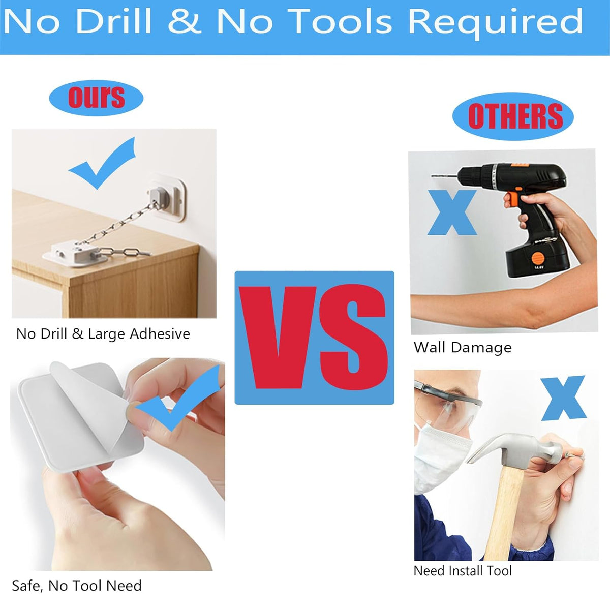 YEYA Anti-Tip No Drill Furniture Anchor with 3M Adhesive 10" Adjustable Straps, Baby Proofing Wall Anchors for Child Safety, Playroom Essentials 4P