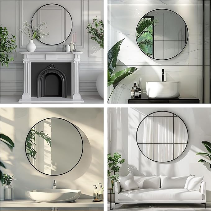 Black Round Mirror, 28 Inch Black Circle Mirror, Metal Frame Round Wall Mounted