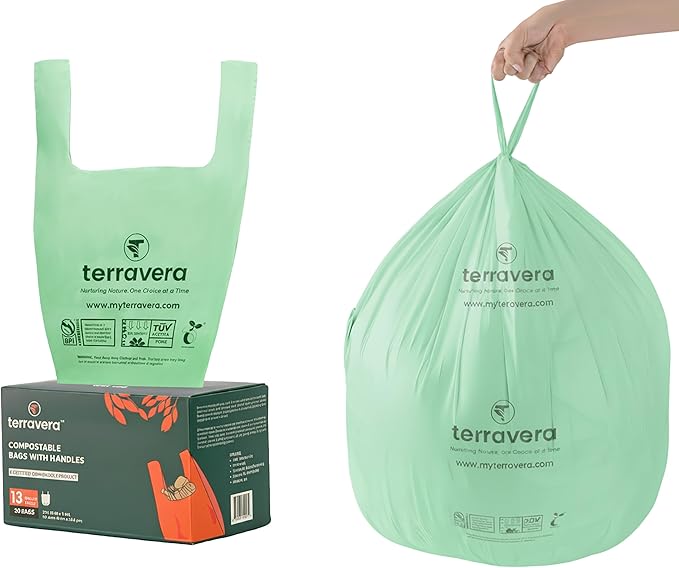13 Gallon Compostable Trash Bags - Handle Tie | Extra Thick 1 mil|BPI & OK Home Certified ASTM D6400 Standards | Food Scraps, Kitchen Trash, Home & Yard Waste Bags | 30 Count compost bags