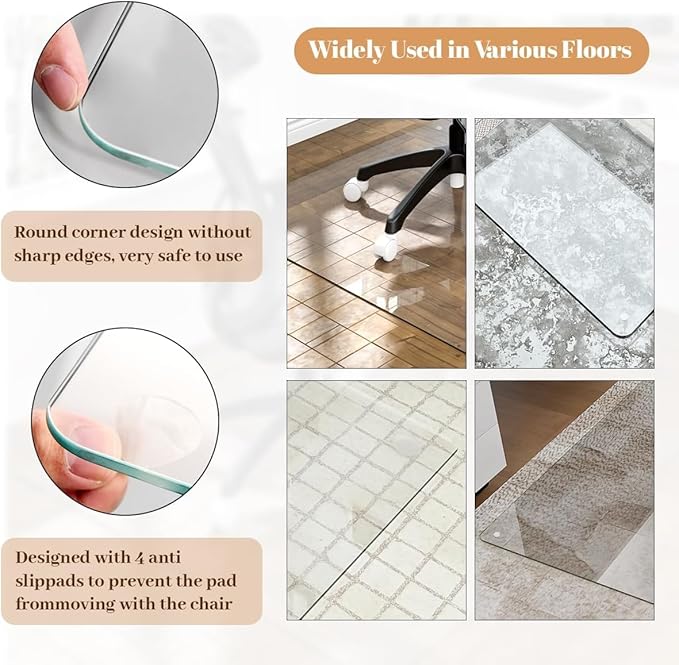 [Tempered Glass] 48" x 72" Glass Chair Mat, 1/5" Thick Office Chair Mat for Carpet or Hardwood Floor, Heavy Duty Hard Chair Mats with Round Corner and Polished Edge, Carpeted Floor Protector