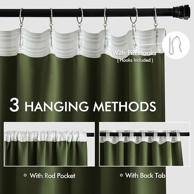 MIULEE Olive Green Back Tab Blackout Curtains 90 Inches Long 2 Panels Set