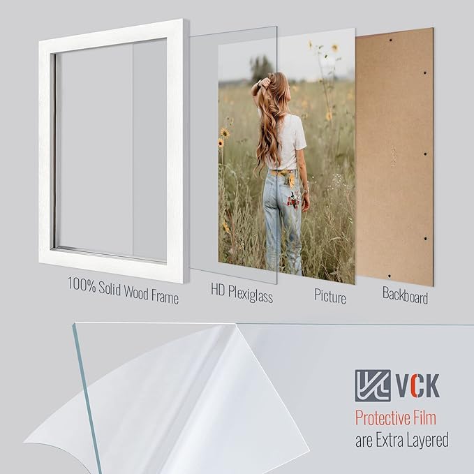 VCK 11x17 Picture Frame Set of 4 - White, Gallery-Quality Wood Poster Frames, 1.1-Inch Wide Border, Polished Plexiglass, Vertical or Horizontal Wall Display for Photo/Art/Prints, White