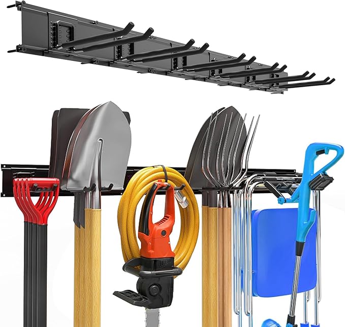 Garage Garden Tool Organizer Wall Mount, Heavy Duty Garage Tool Storage Rack 48 Inches, Max Load 330lb - Shovel, Rake, Folding Chair, Weed Eater Storage