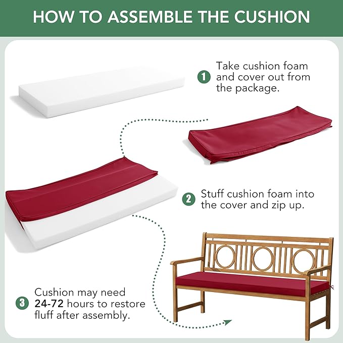 Summsun Outdoor Bench Cushion: Waterproof and Fade Resistant Patio Furniture Cushions - Non-Slip Bench Pad Cushion with Removable Cover for Garden Swing Porch Sofa Settee, 45 x 18 Inch, Burgundy
