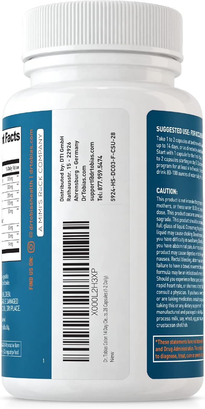 Dr. Tobias Colon 14 Day Cleanse, Advanced Gut Cleanse Detox for Women & Men with Cascara Sagrada, Psyllium Husk, Senna Leaf & Probiotics, Non-GMO Colon Cleanse, 4 Bottles of 28 Capsules (1-2 Daily)