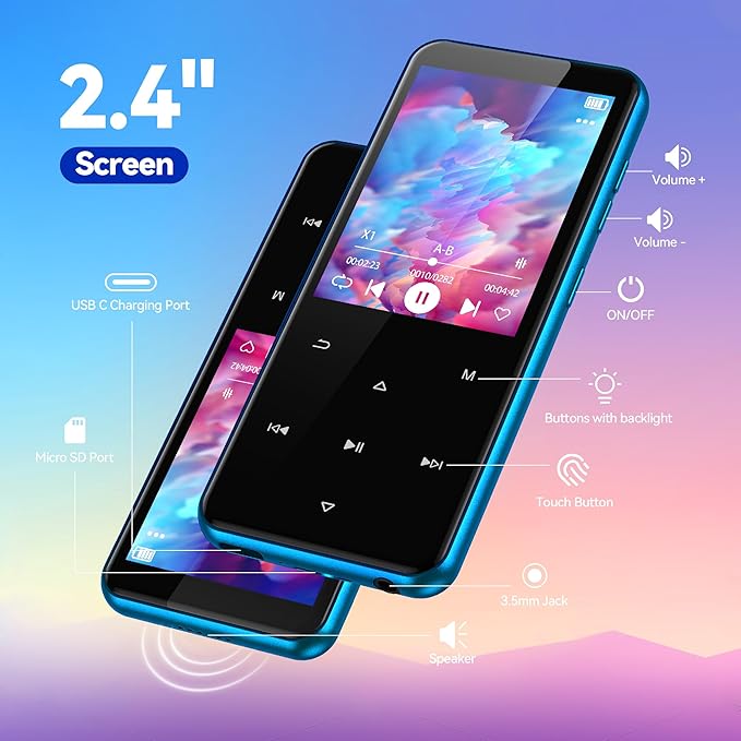 AGPTEK 64GB MP3 Player with Bluetooth, M3 2.4 inch Music Player with Speaker and FM Radio, Touch Buttons, Supports Up to 128GB(Blue)