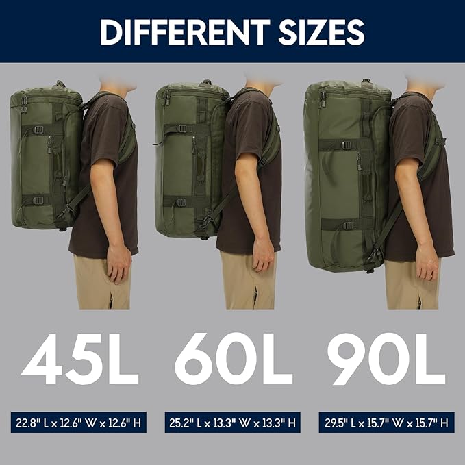 Haimont Large Duffle Bag Backpack for Men Women, 60L Convertible Travel Duffel Bags with Shoes Compartment, Carry on Durable Duffle for Sports Gym Hiking Camping, Water-resistant, Army Green