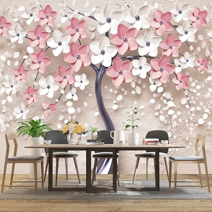 3D Relief Abstraction Pink Flowers Tree Mural Bedroom Floral Wallpaper Room