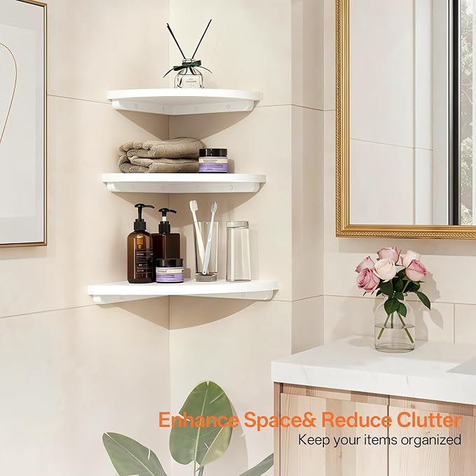 Gieanoo Floating Corner Shelves Set 2 12inch White Solid Oak Rounded Corner