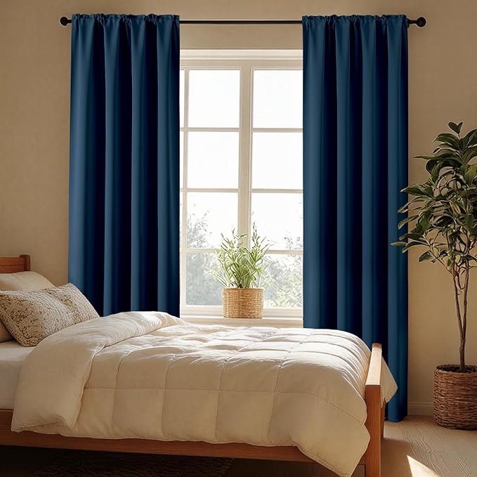 CUCRAF Navy Blue Blackout Curtains 63 inch Length 2 Panels Set, Rod Pocket Room