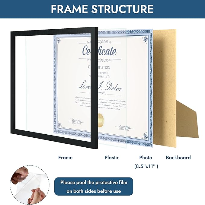 8.5x11 Picture Frame Set of 5,Black 8.5x11 Photo Frames Bulk for Document Certificate Award Diploma, Wall Hanging or Tabletop Display