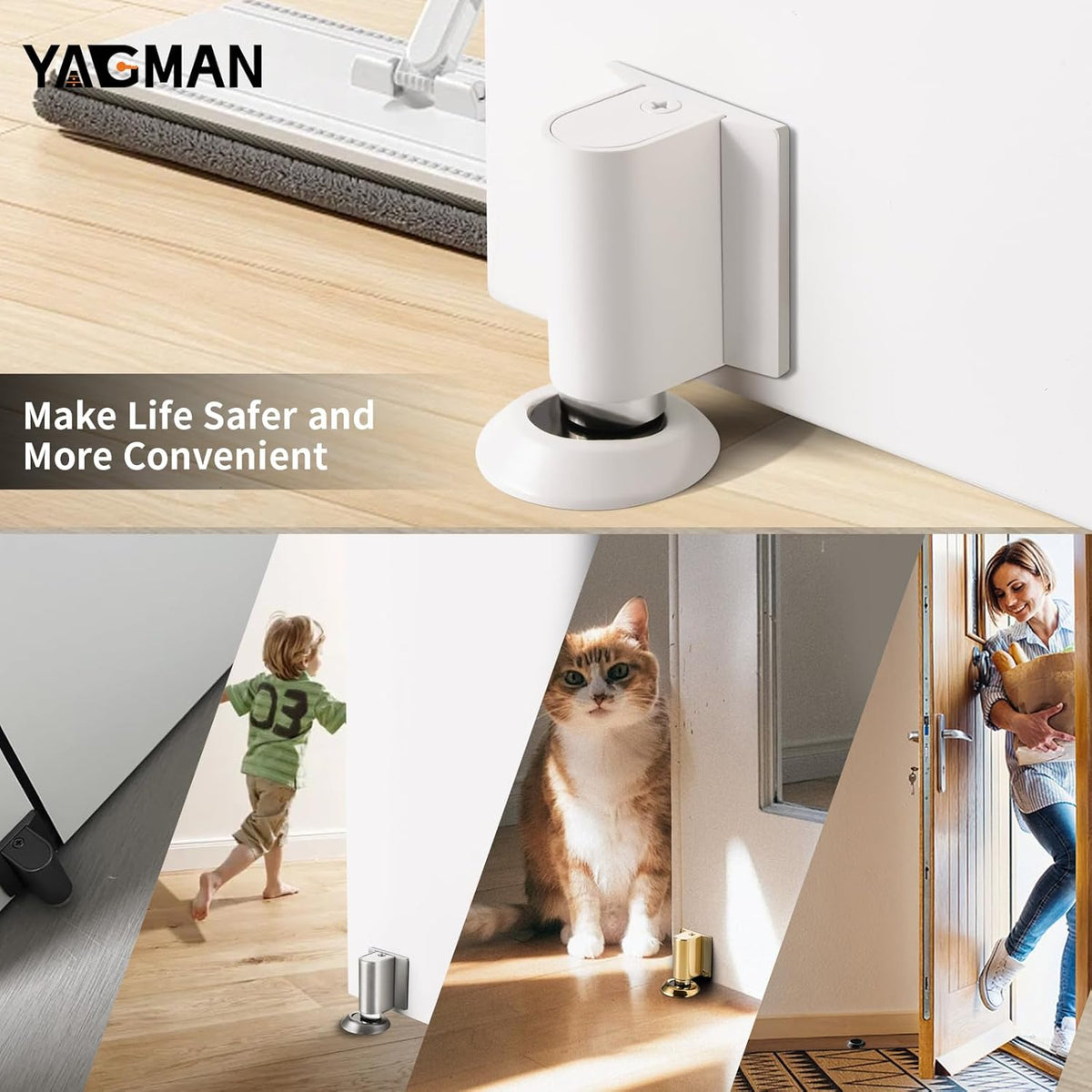 3 Pack Magnetic Door Stoppers Retractable Bottom of Door Holder No Drilling Mount Floor Door Stop with Screws and Adhesive Catch Door Keep Door Open White WT-3