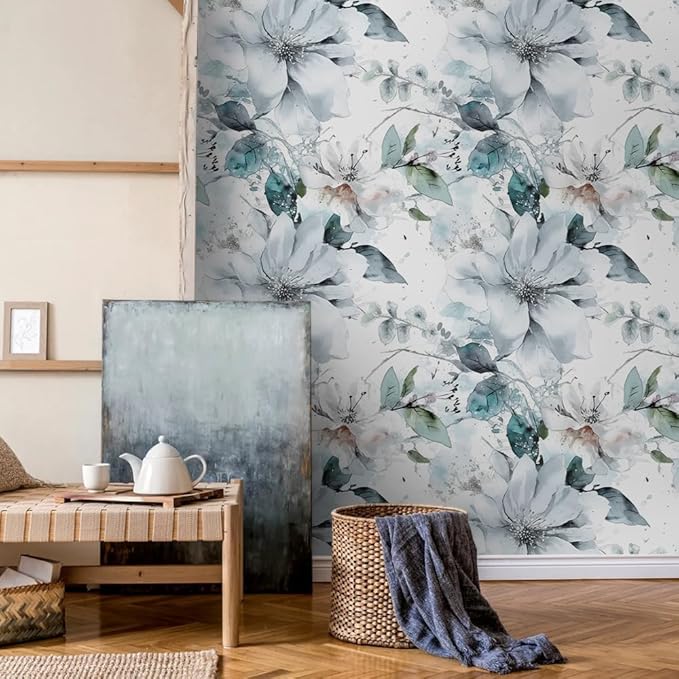 Ice Blue White Large Hyacinth Floral Green Leaf Peel and Stick Wallpaper Wall
