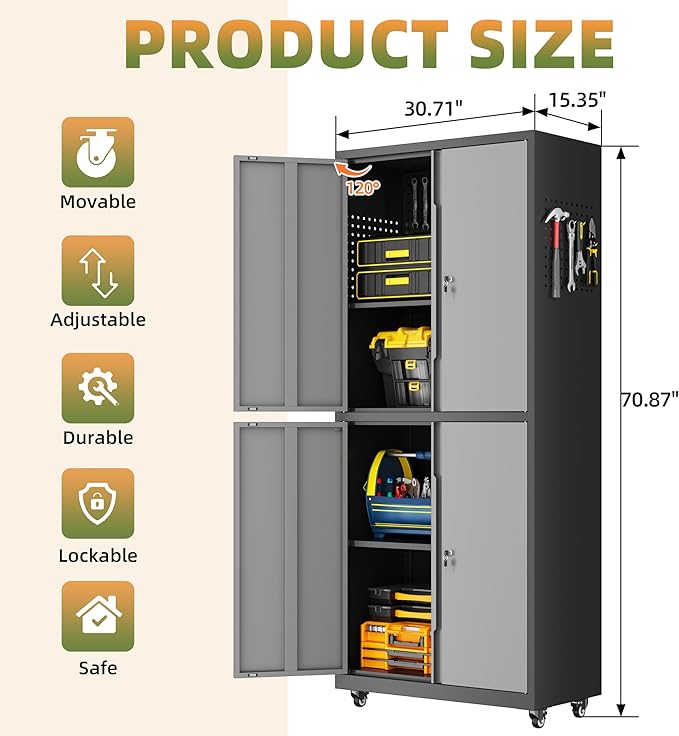 Garage Storage Cabinet with Wheels, Lockable Metal Storage Cabinet