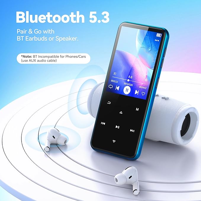 AGPTEK 64GB MP3 Player with Bluetooth, M3 2.4 inch Music Player with Speaker and FM Radio, Touch Buttons, Supports Up to 128GB(Blue)