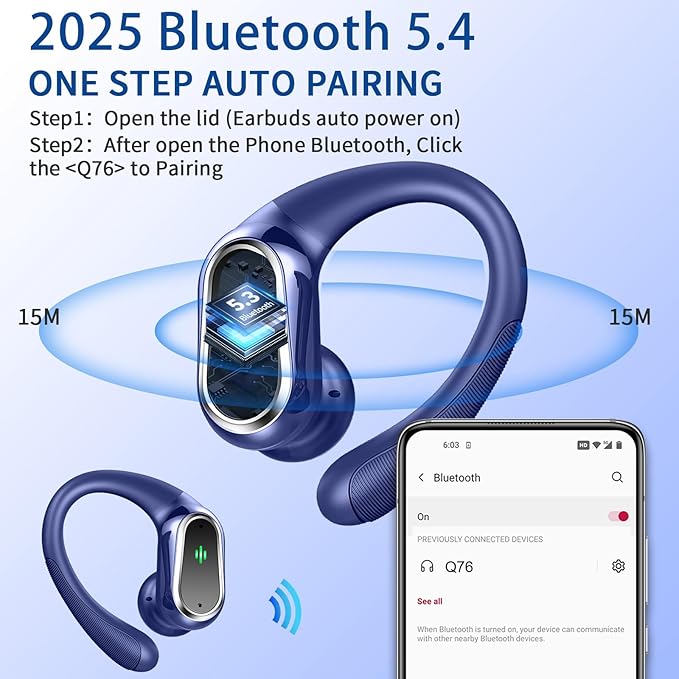 Wireless Earbuds, 2025 Bluetooth 5.4 Headphones Sport, Bluetooth Earbuds with ENC Noise Canceling Mic, 50H Stereo Wireless Headphones IP7 Waterproof with Earhooks, Dual LED Display for Workout/Running