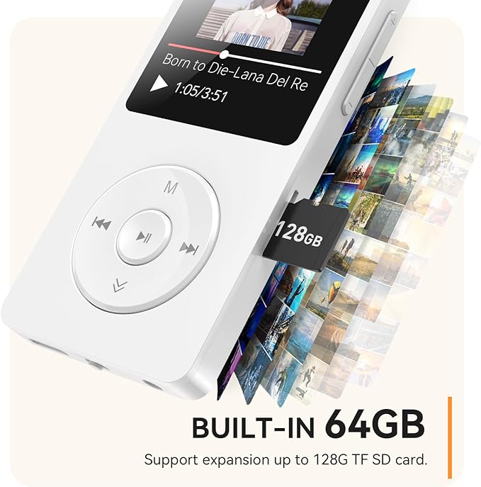 AGPTEK A02 MP3 Player with Bluetooth 5.3, 1.8 inch Screen Portable Music Player with Speaker, FM Radio, Voice Recorder, Supports Expanded Up to 128GB(White, 64GB)